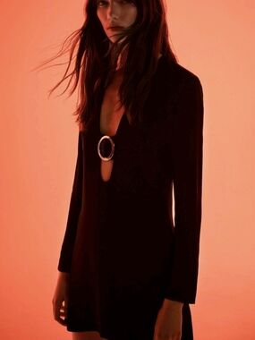 BNWT Zara Black Satin Mini Dress Size S Cut Out V-Neck Metal Buckle Sexy Party